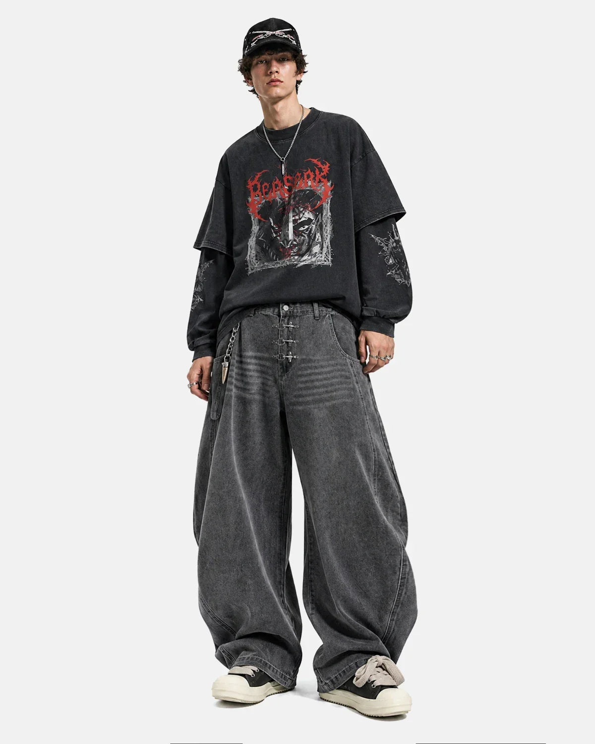 Grey barrel jeans with metal clasp from Inflation Streetwear, showing the denim fabric and metal hardware details.