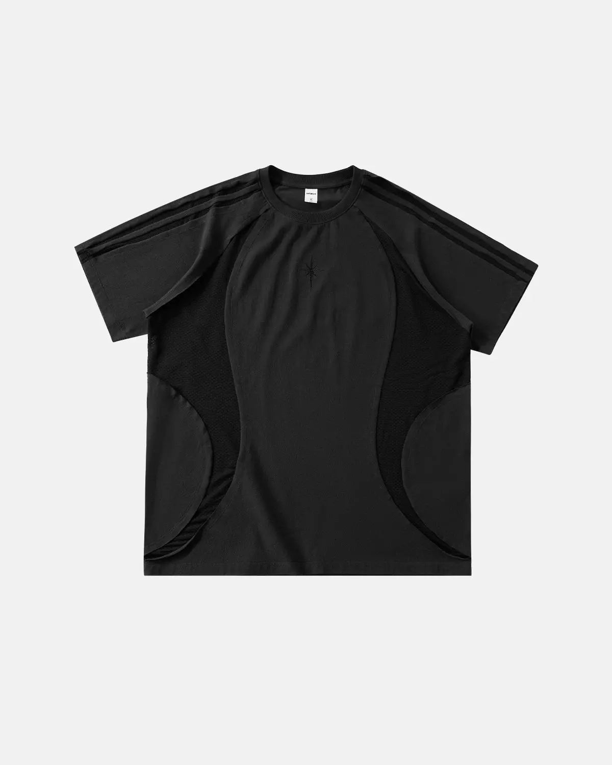 Inflation Streetwear mesh patchwork embroidered T-shirt with colorful stitching and detailed embroidery on a casual fit.
