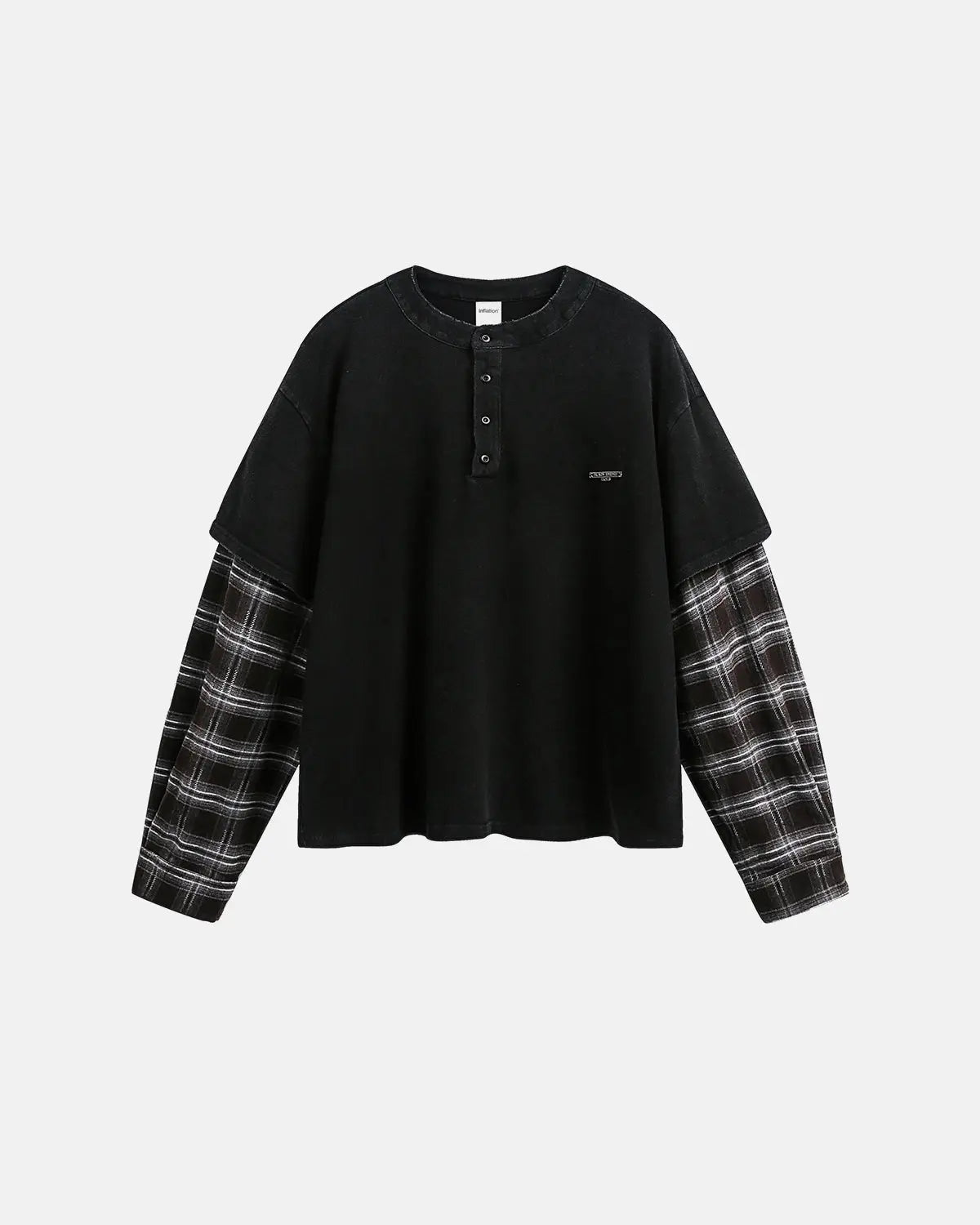 Inflation Streetwear distressed plaid layered long sleeve tee featuring a rugged, casual design with layered fabric details.