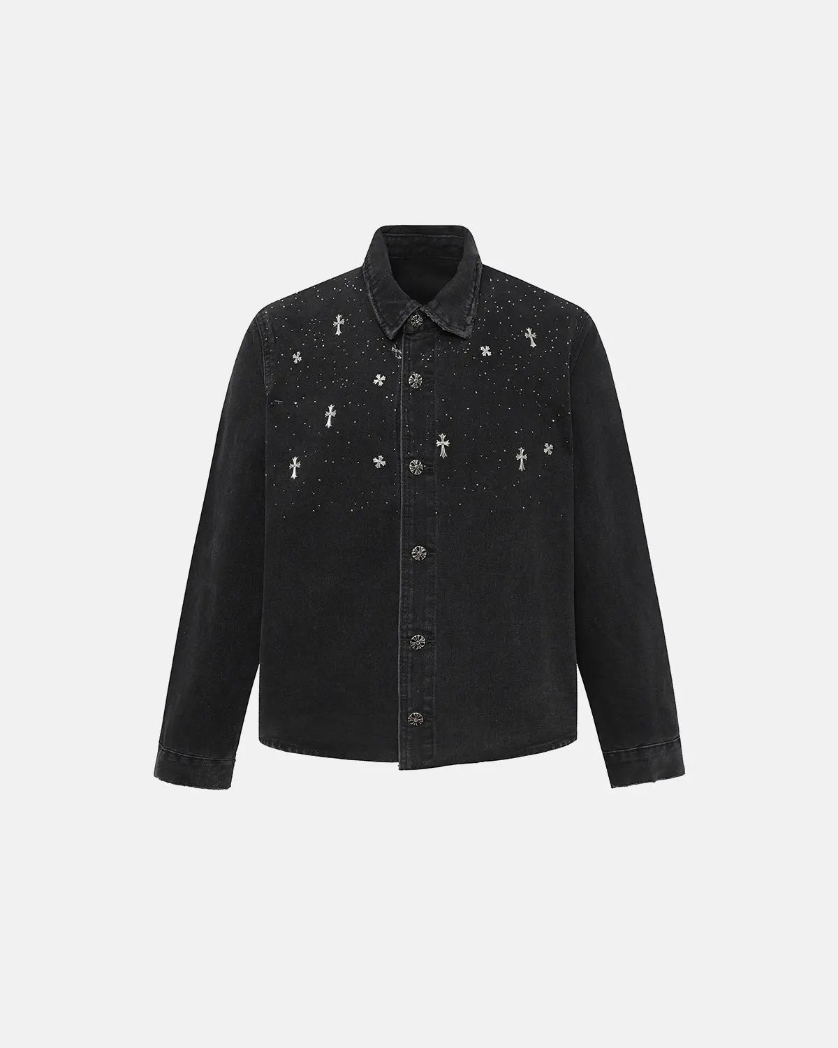 Inflation Starry Cross rhinestone washed denim shirt, casual t-shirt with starry cross design, stylish streetwear by Inflation.