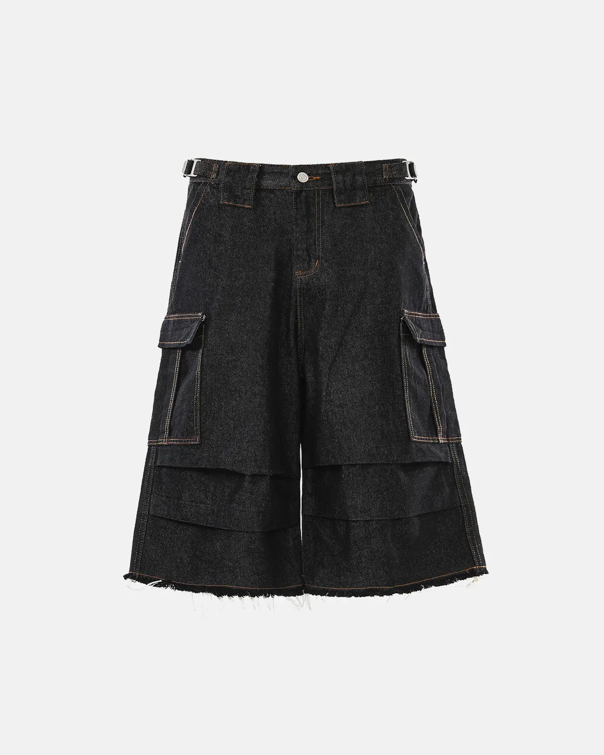 Layered utility baggy jorts by INFLATION, casual denim pants with multiple pockets and a relaxed fit, streetwear style.