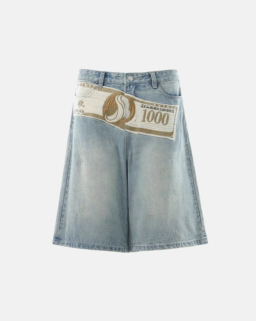 Inflation Dollar Patch embroidery denim jorts with distressed hem and casual fit, styled for streetwear fashion.