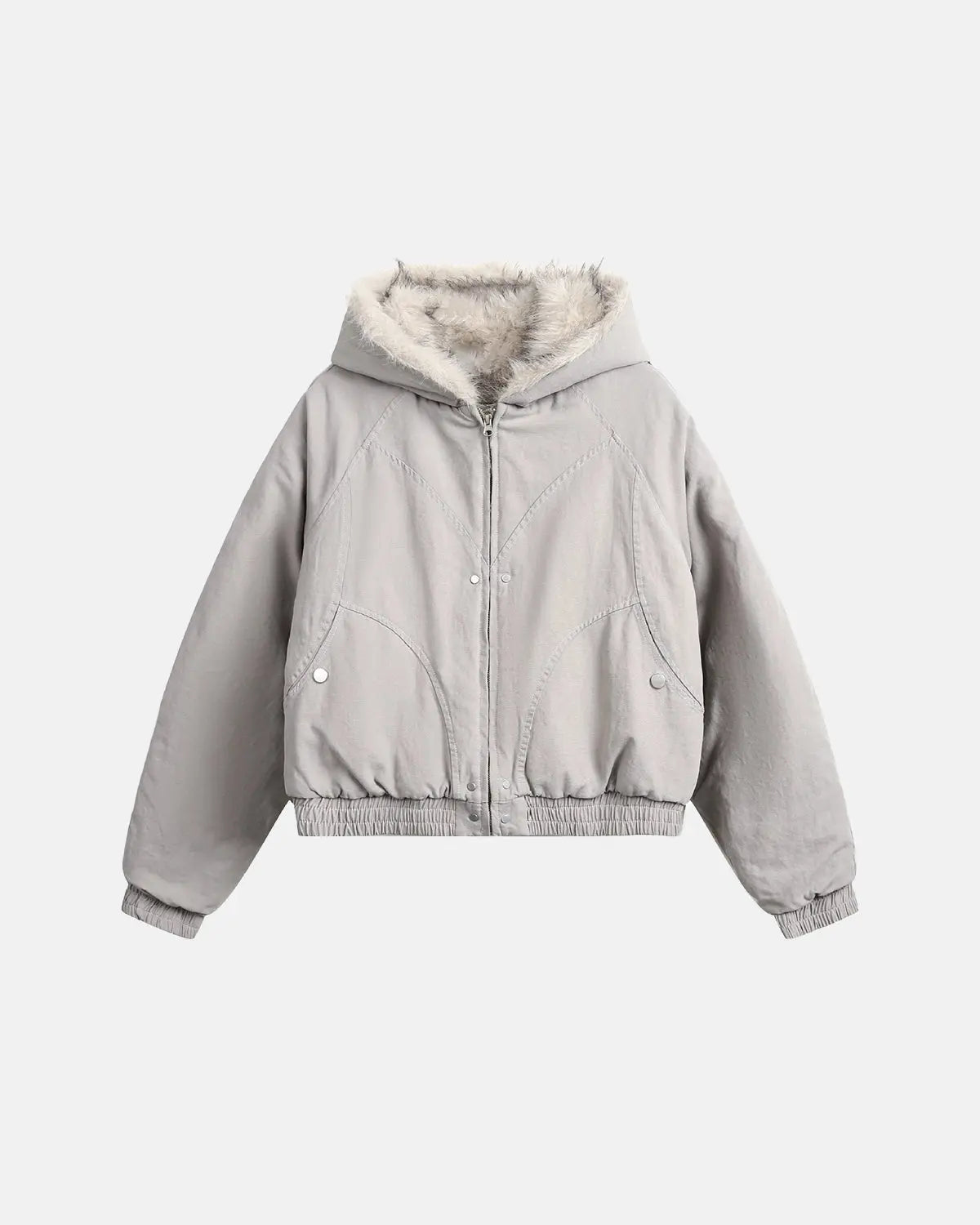 Inflation Streetwear faux fur lined bomber hooded jacket, black with zip closure and adjustable drawstrings, casual streetwear style.