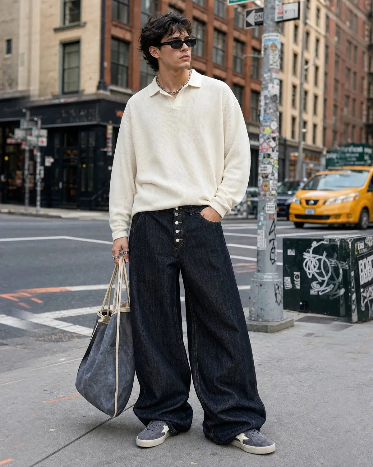 Black Buttons Up Barrel Baggy Jeans by INFLATION Streetwear with relaxed fit, featuring button details and a casual, oversized style.