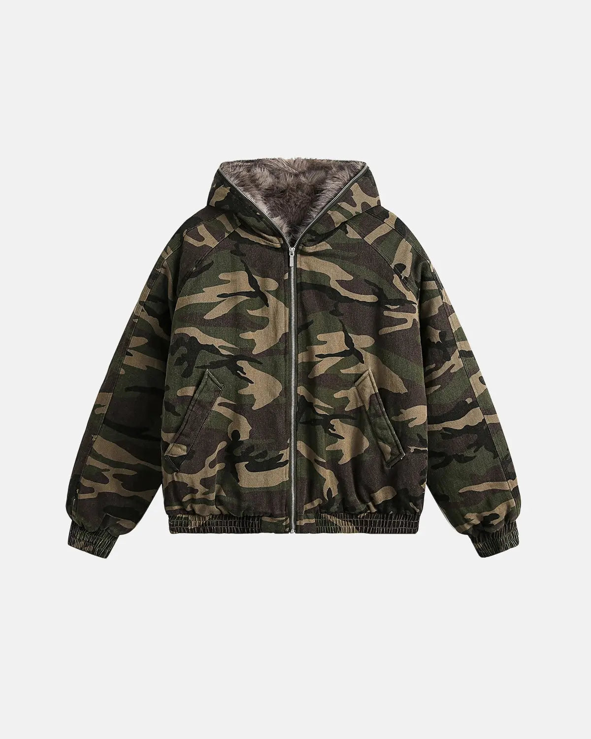 Inflation Camo Faux Fur Lined Bomber Jacket with camouflage pattern and cozy fur interior, stylish streetwear outerwear.
