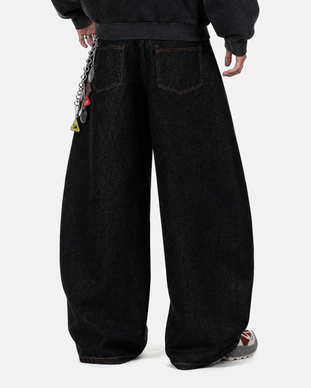 Inflation Streetwear Pocket Embroidery Raw Barrel Jeans showing distressed denim, pocket details, and raw hem style.
