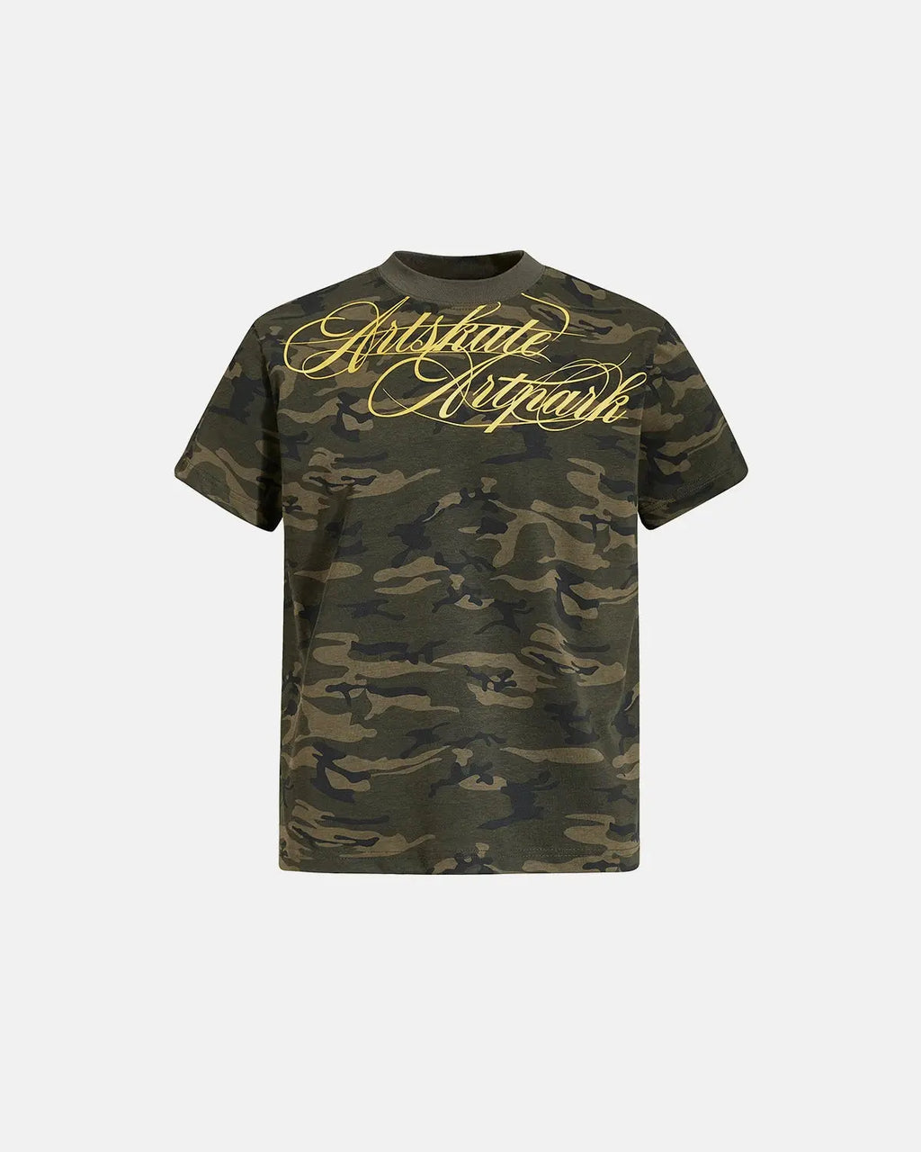 Camo Script Boxy T-Shirt by INFLATION featuring camouflage print and bold script logo on a casual streetwear top