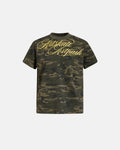 Camo Script Boxy T-Shirt by INFLATION featuring camouflage print and bold script logo on a casual streetwear top