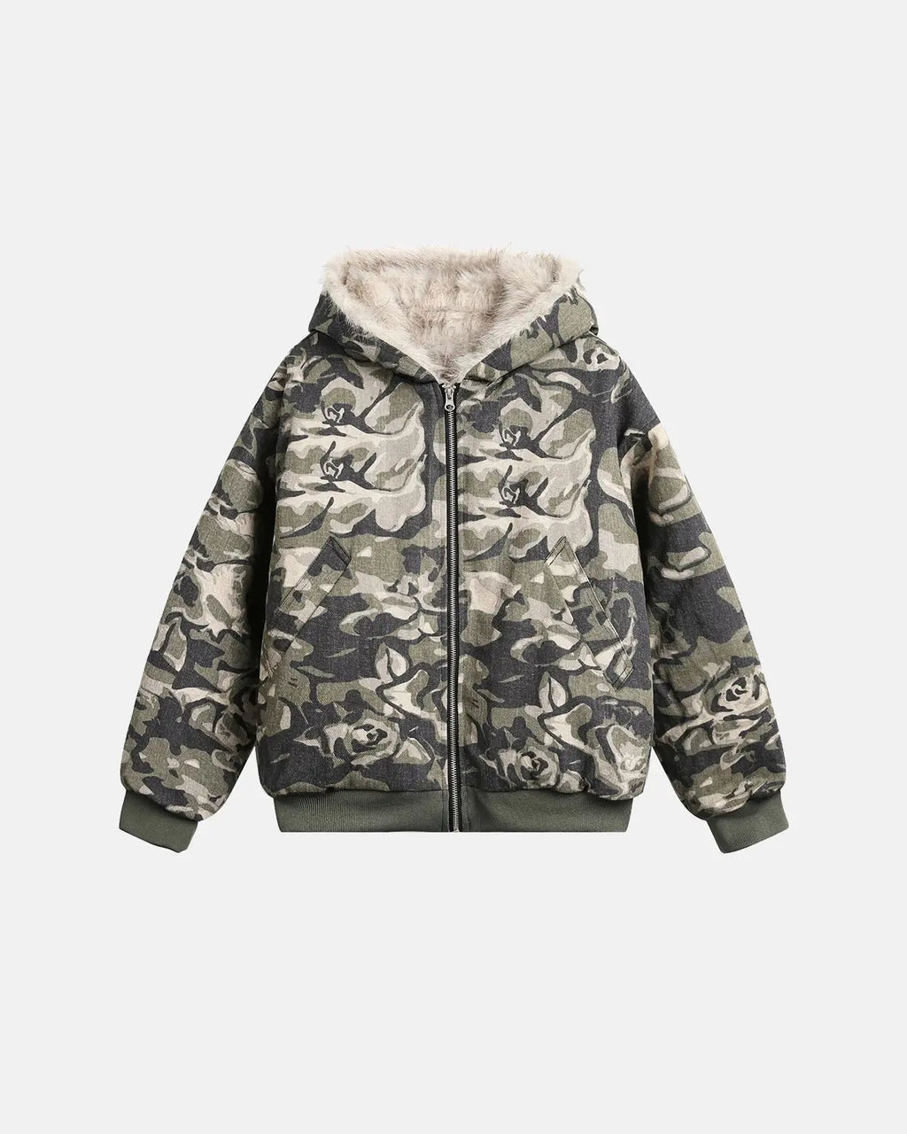 Camo faux fur padded hooded jacket by INFLATION Streetwear, featuring a camouflage pattern and plush faux fur trim.