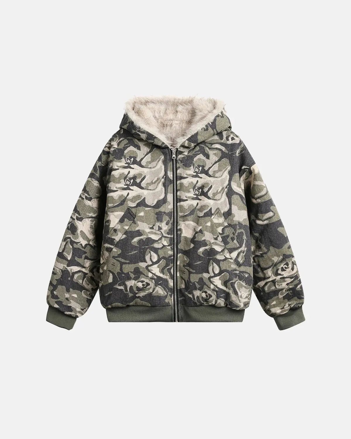 Camo faux fur padded hooded jacket by INFLATION Streetwear, featuring a camouflage pattern and plush faux fur trim.