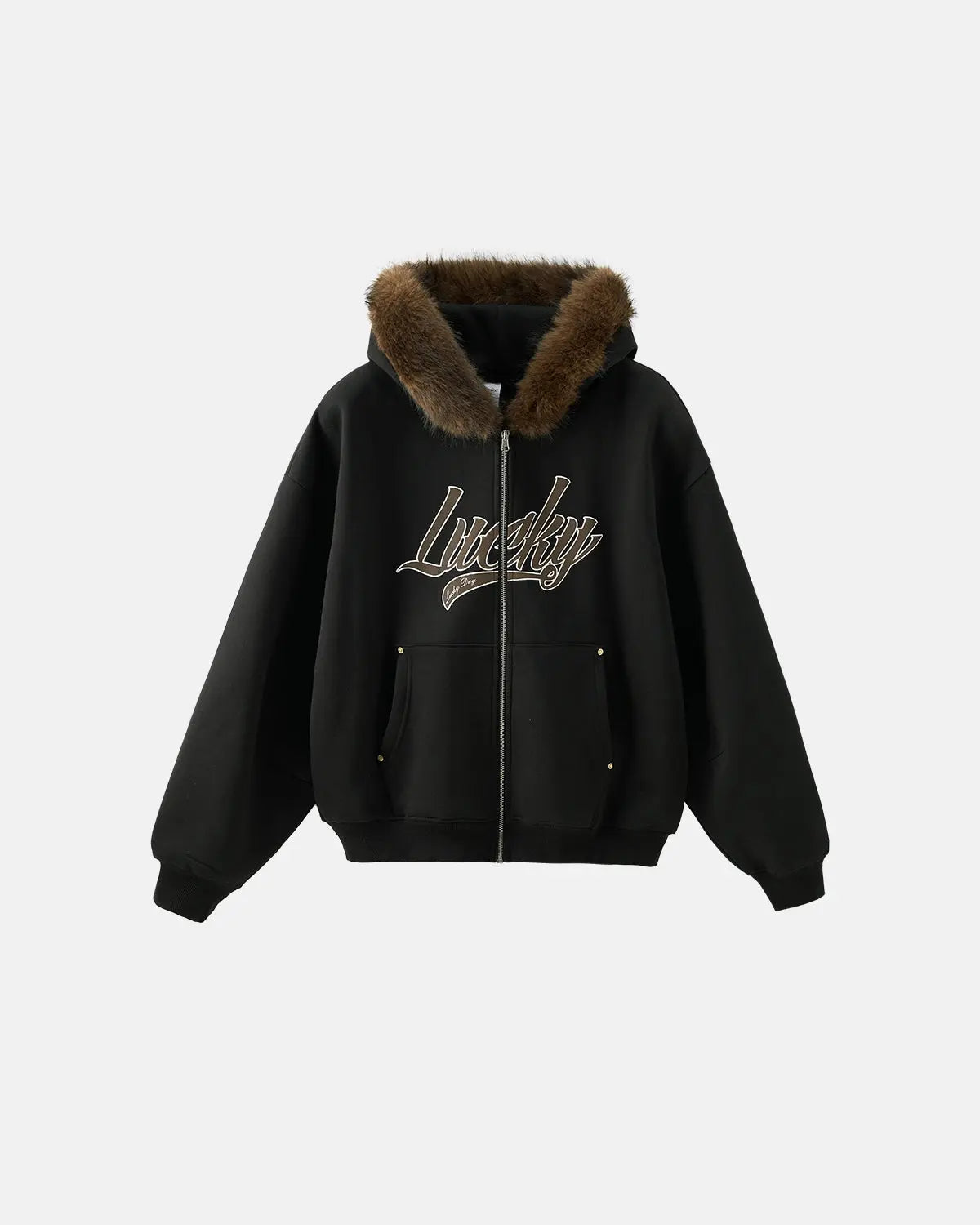 Inflation streetwear faux fur collar zip-up hoodie jacket featuring a soft fur-lined collar and casual fit.