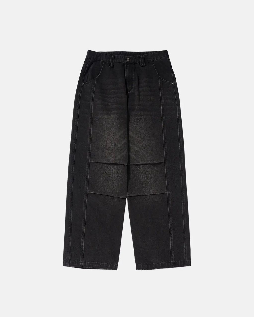 INFLATION faded dirty baggy cargo jeans with distressed look and oversized fit, denim fabric, and multiple pockets.