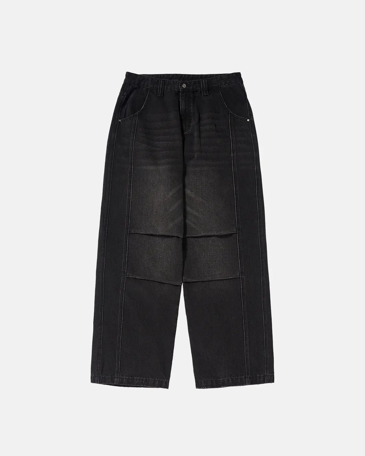 INFLATION faded dirty baggy cargo jeans with distressed look and oversized fit, denim fabric, and multiple pockets.