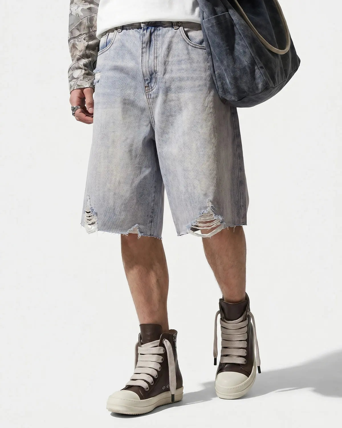 Inflation Adjustable Waist Baggy Jorts, casual denim pants with loose fit, featuring a stylish, relaxed streetwear design.