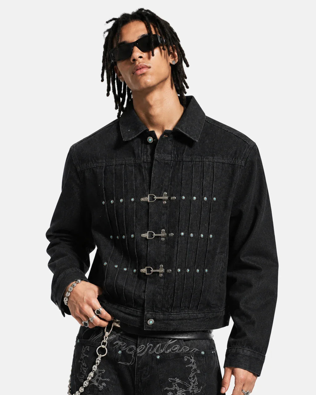 Raw Clasp Denim Jacket by INFLATION featuring classic blue denim, button closure, and distressed details in a casual streetwear style.