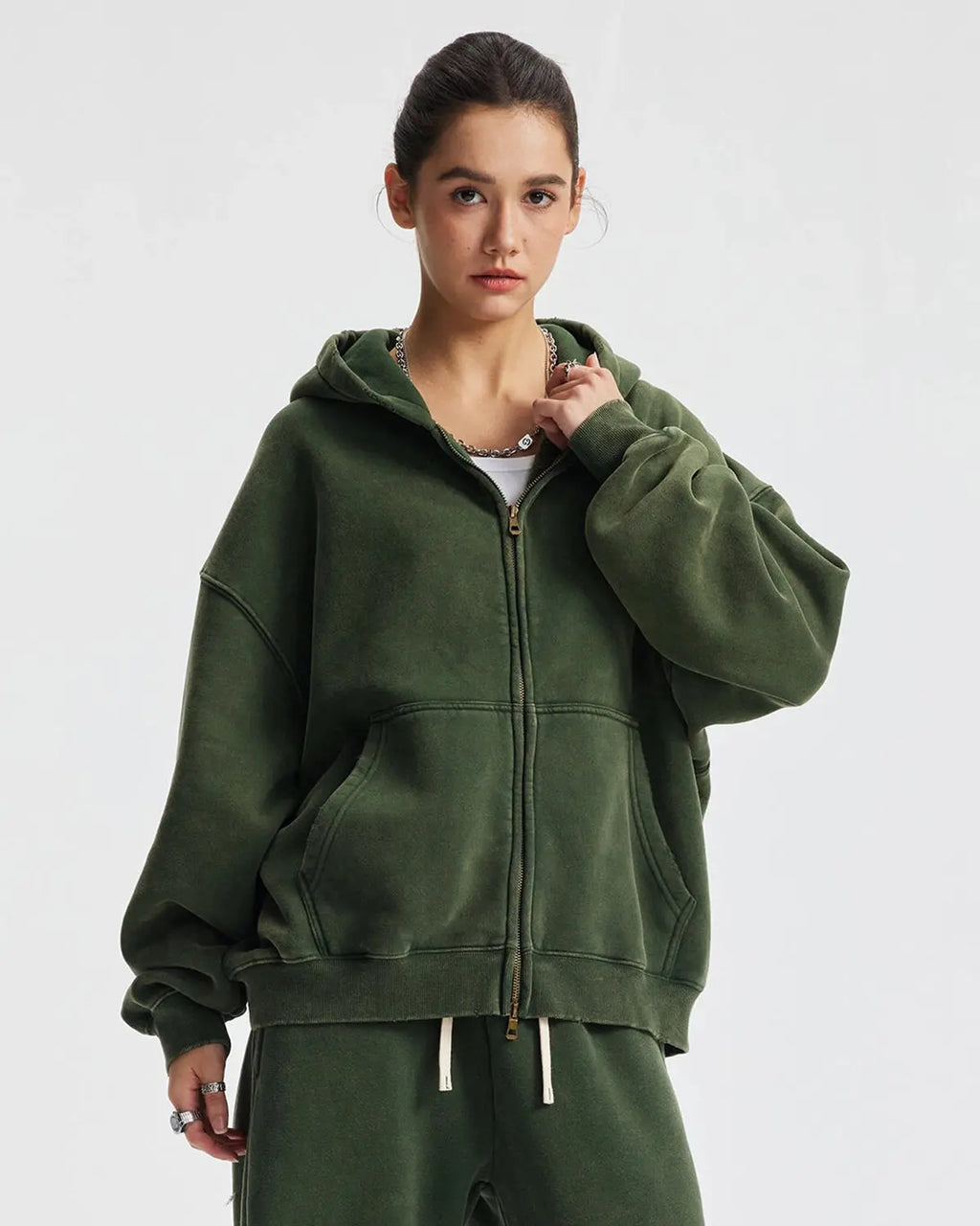 Inflation Streetwear boxy fit acid washed fleece zip-up hoodie with hood and front pockets, casual streetwear style.