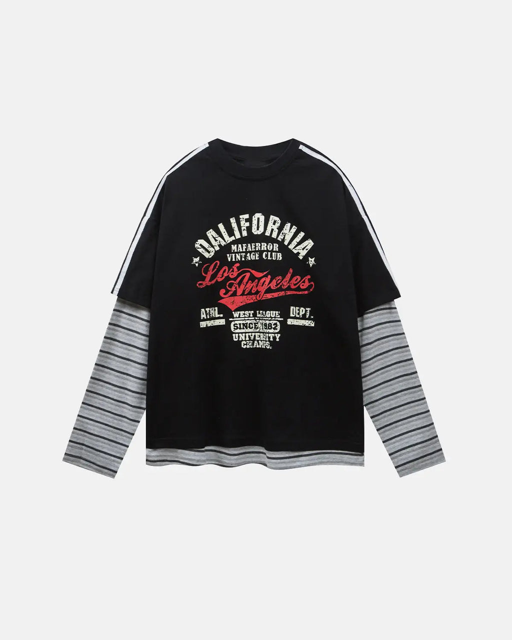 Inflation Streetwear retro letter print layered stripe T-shirt, casual style with bold letter graphics and colorful striped design.
