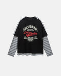 Inflation Streetwear retro letter print layered stripe T-shirt, casual style with bold letter graphics and colorful striped design.