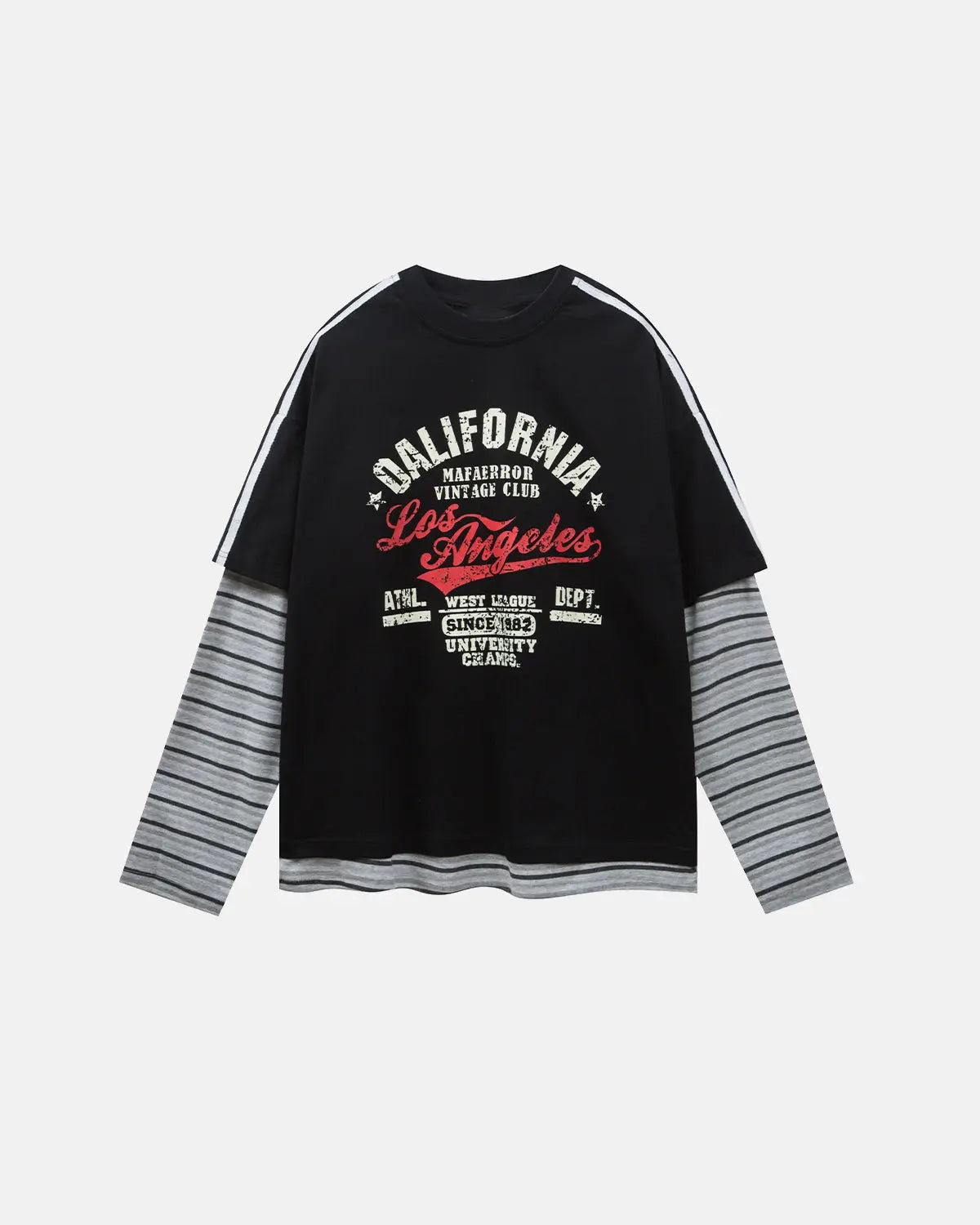 Inflation Streetwear retro letter print layered stripe T-shirt, casual style with bold letter graphics and colorful striped design.