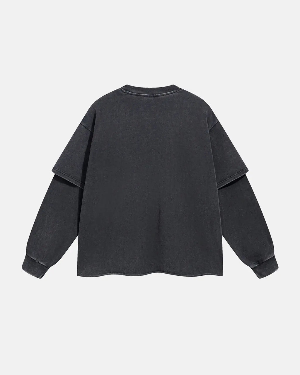 Black acid wash layered T-shirt from Inflation Streetwear featuring a relaxed fit and distressed fabric for a trendy street style look.
