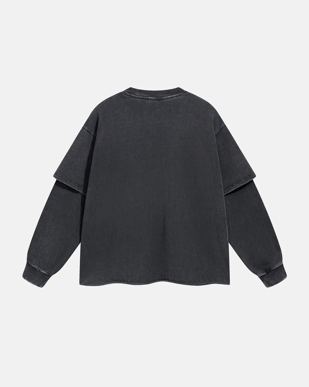 Black acid wash layered T-shirt from Inflation Streetwear featuring a relaxed fit and distressed fabric for a trendy street style look.