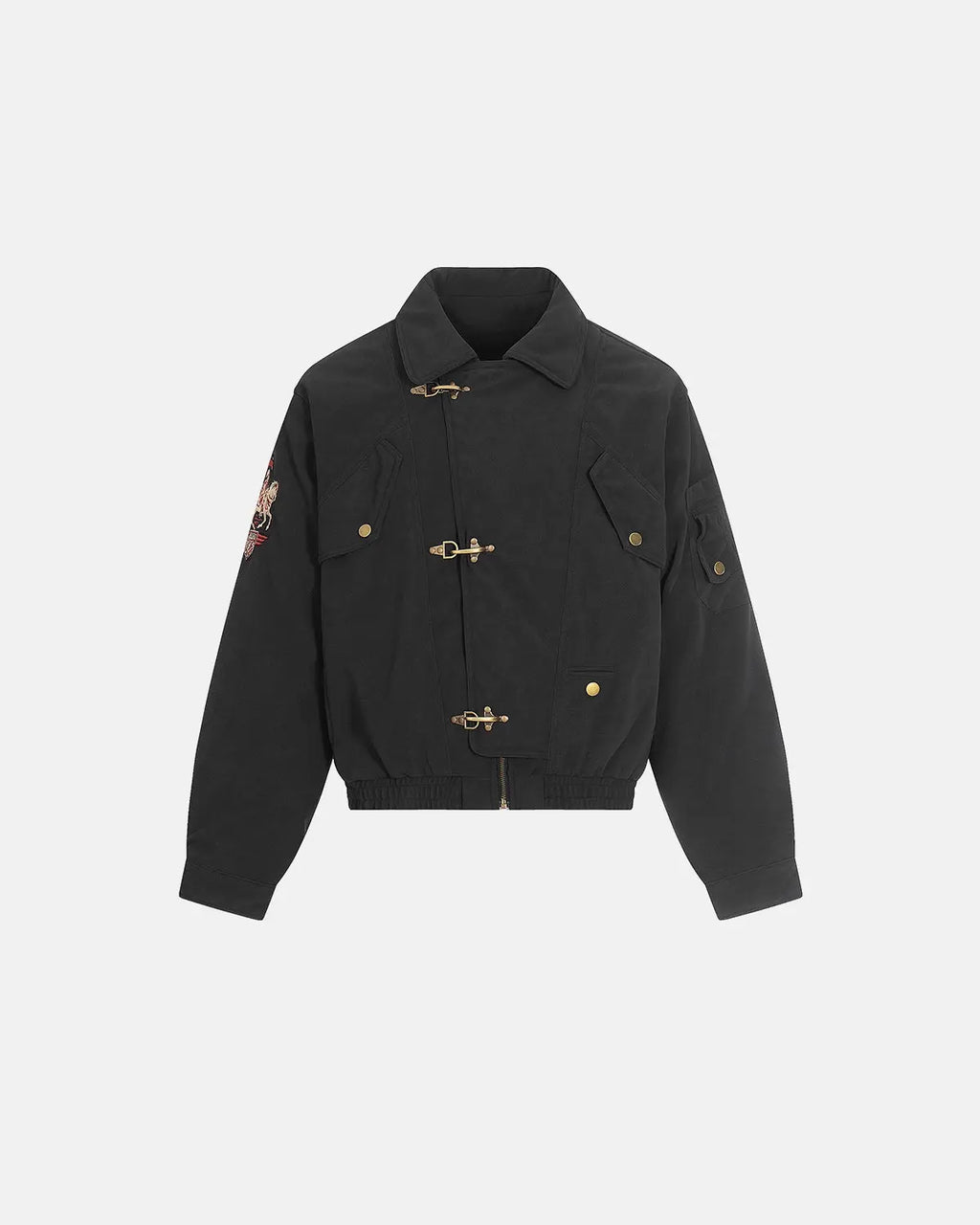 Inflation Horse Embroidery suede padded jacket with clasp closure, stylish streetwear design, featuring embroidered horse detail.