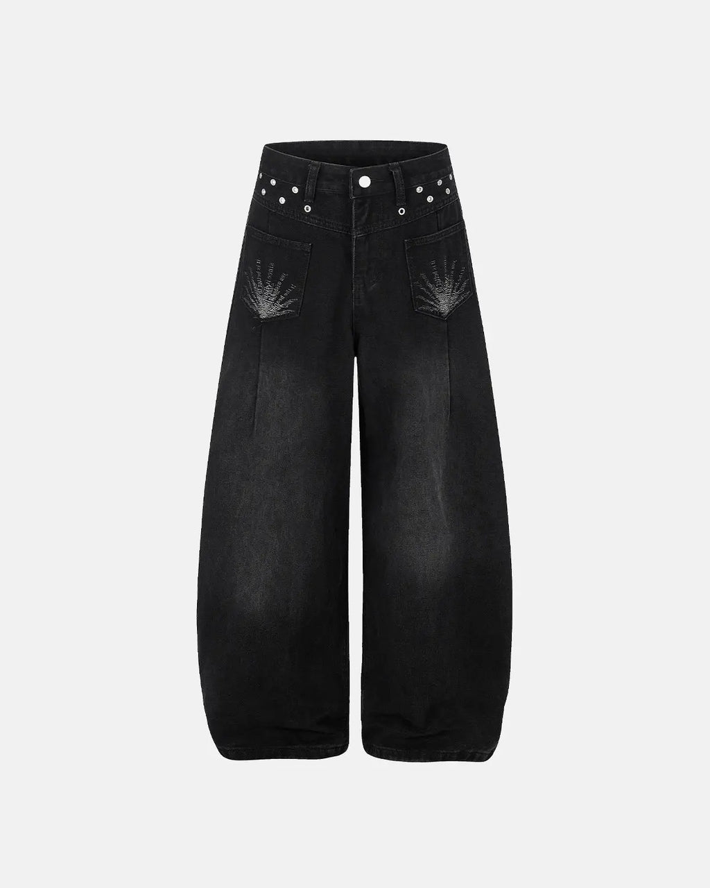 Distressed eyelet barrel jeans by INFLATION featuring a relaxed fit, ripped details, and eyelet accents for a trendy streetwear look.