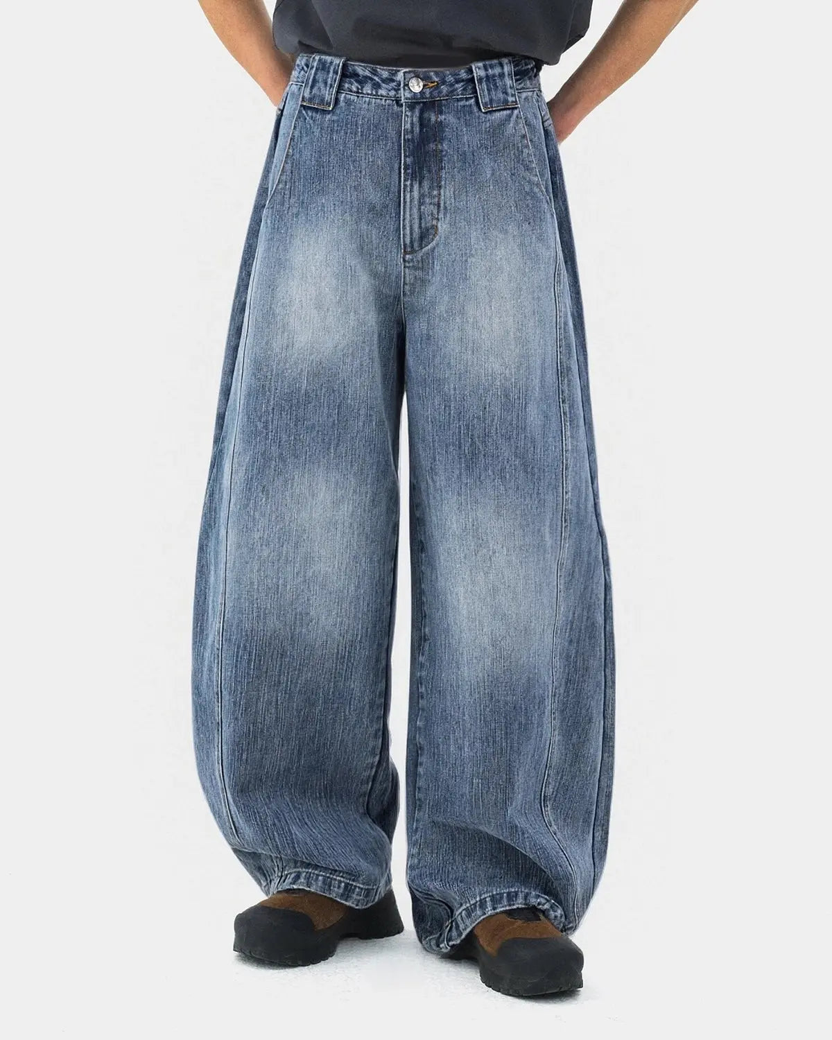 Bamboo weave barrel jeans from INFLATION Streetwear featuring a relaxed fit and unique fabric texture.