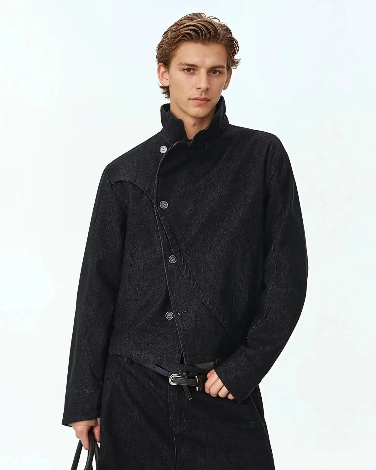 Inflation Streetwear cropped asymmetric button denim jacket with distressed details and stylish fit, front view.