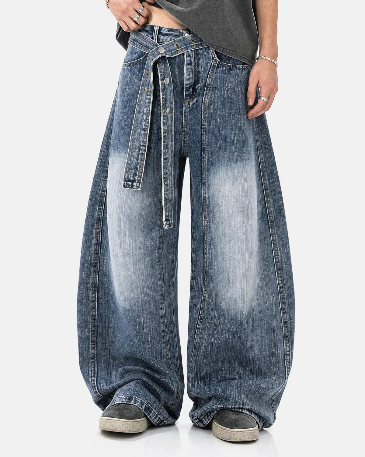 Inflation Streetwear belted bamboo weave barrel jeans featuring a relaxed fit, stylish belt, and unique bamboo pattern.