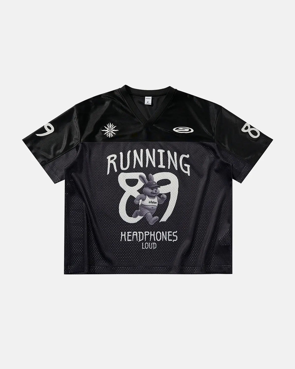 Inflation Streetwear V-Neck Mesh Patchwork Jersey Tee featuring breathable mesh panels and stylish patchwork design.