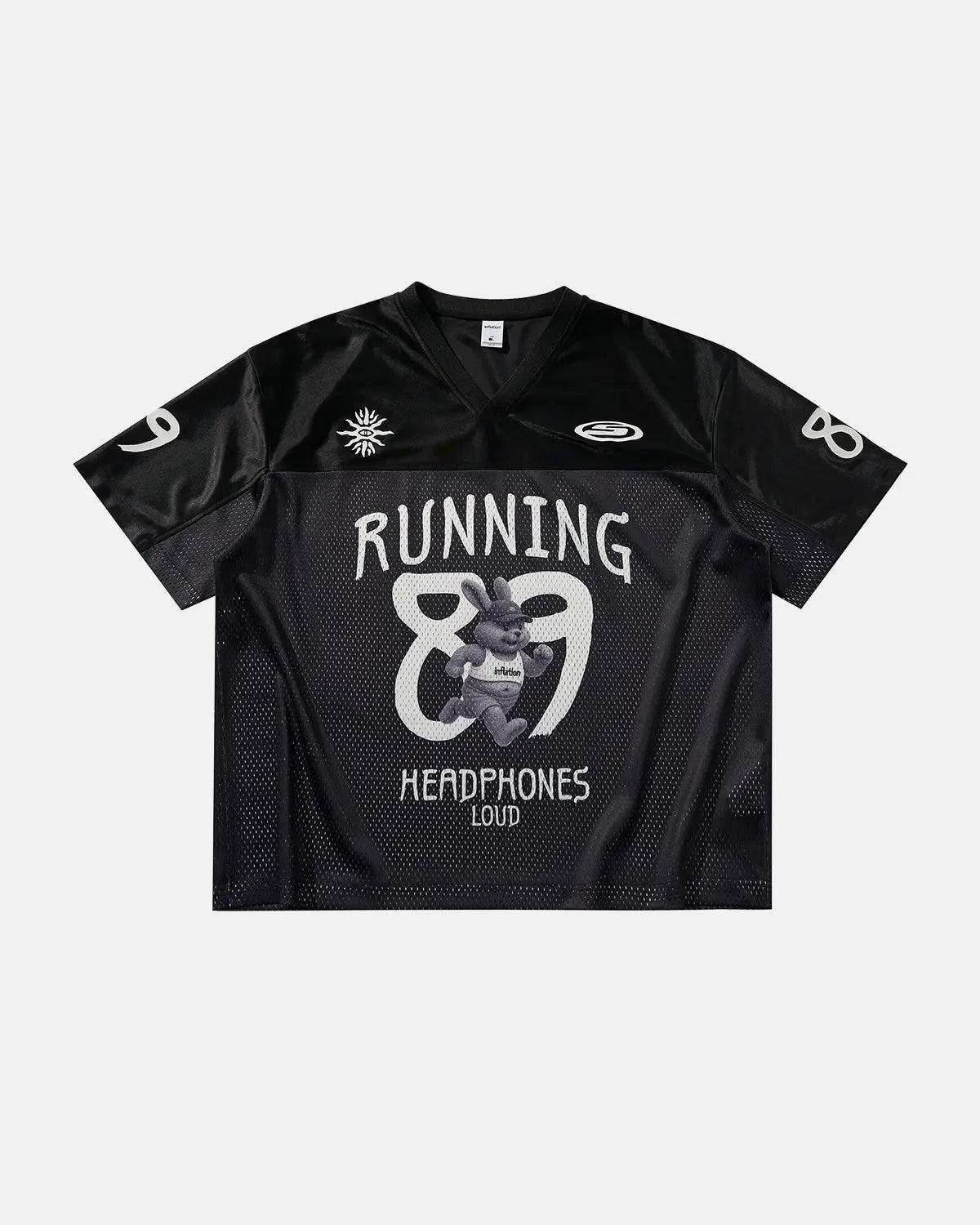 Inflation Streetwear V-Neck Mesh Patchwork Jersey Tee featuring breathable mesh panels and stylish patchwork design.