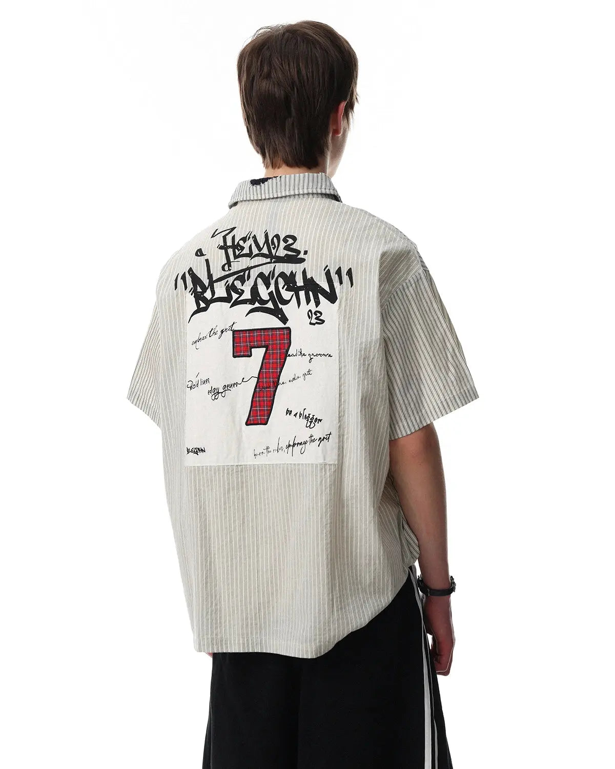 Inflation Streetwear graffiti patch striped shirt featuring bold colorful patches, casual long-sleeve design, and streetwear style.