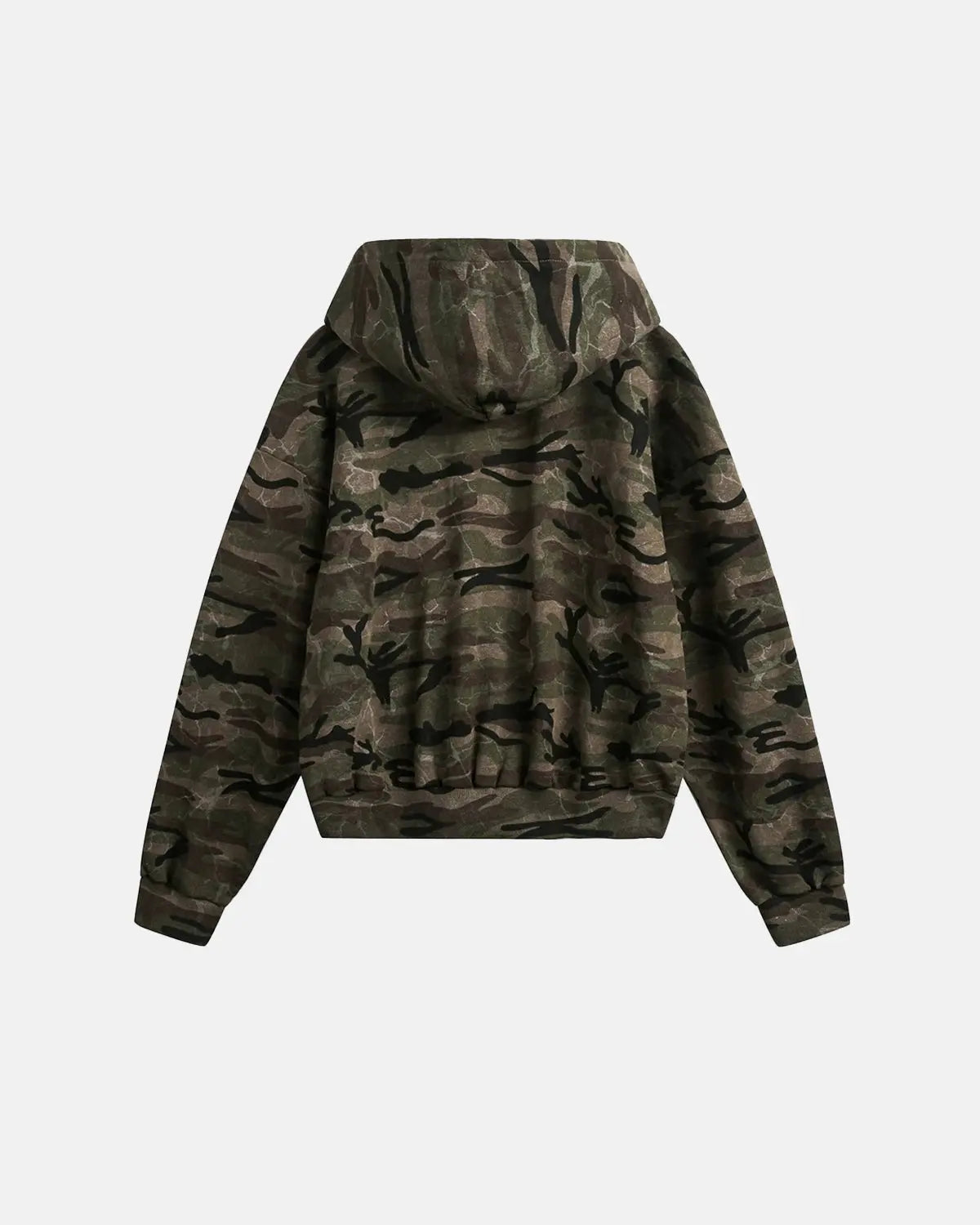 Inflation Streetwear camouflage zip-up jacket with front pockets and adjustable hood, featuring a bold camouflage pattern.