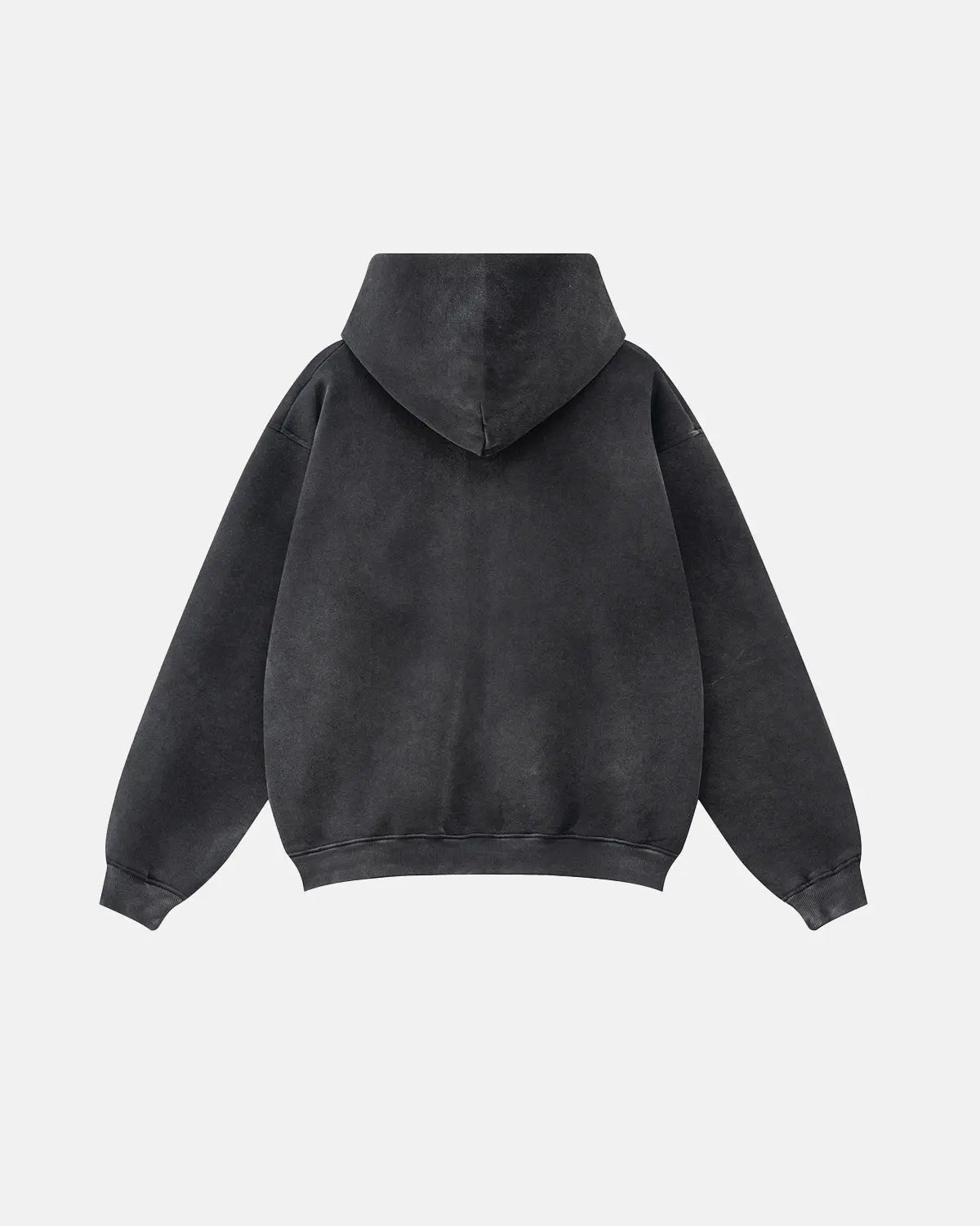 Inflation Streetwear graphic washed zip-up hoodie in black with bold front print, casual streetwear style, front view.