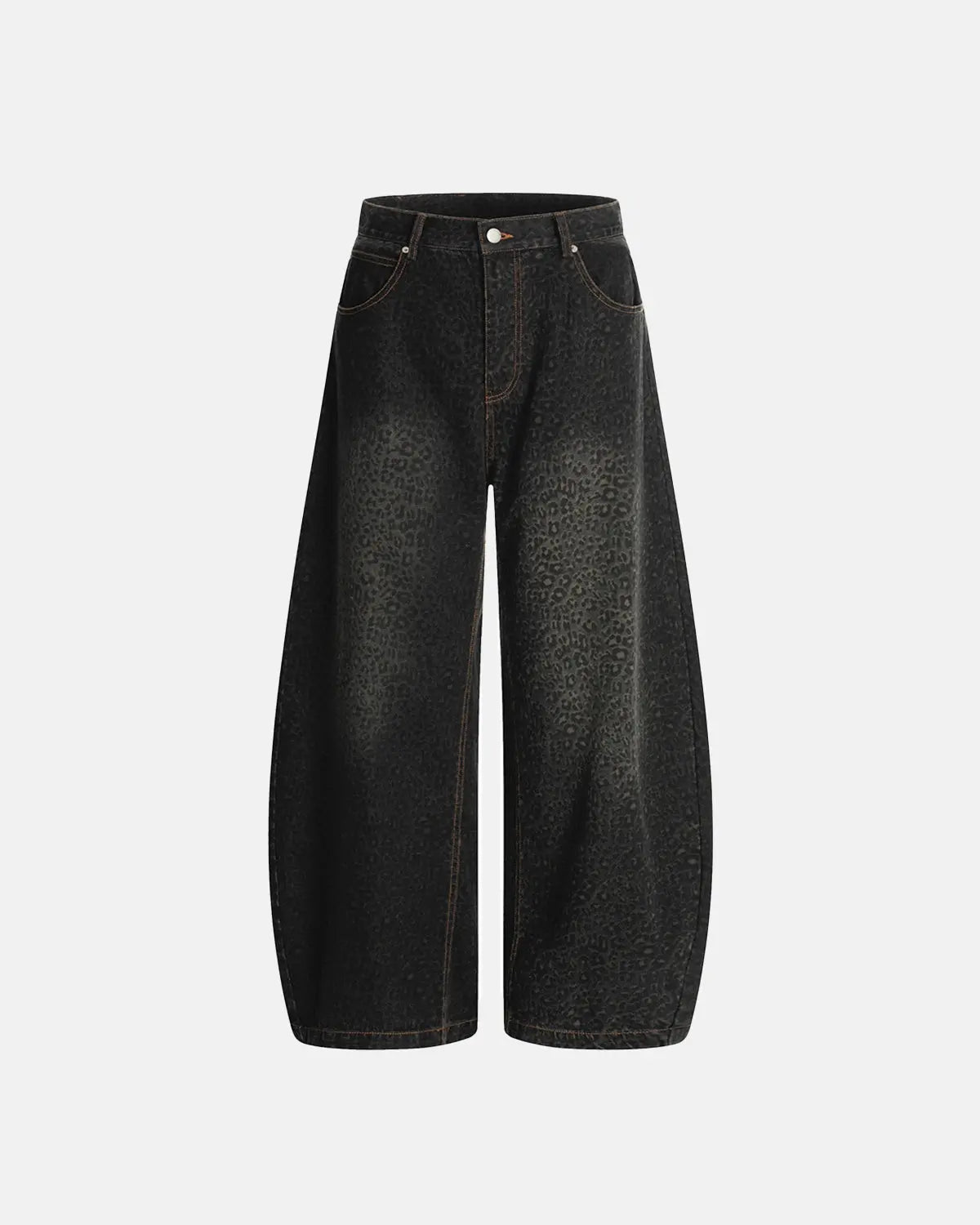 Vintage leopard print barrel jeans by INFLATION, featuring bold animal print fabric and relaxed fit for stylish streetwear.