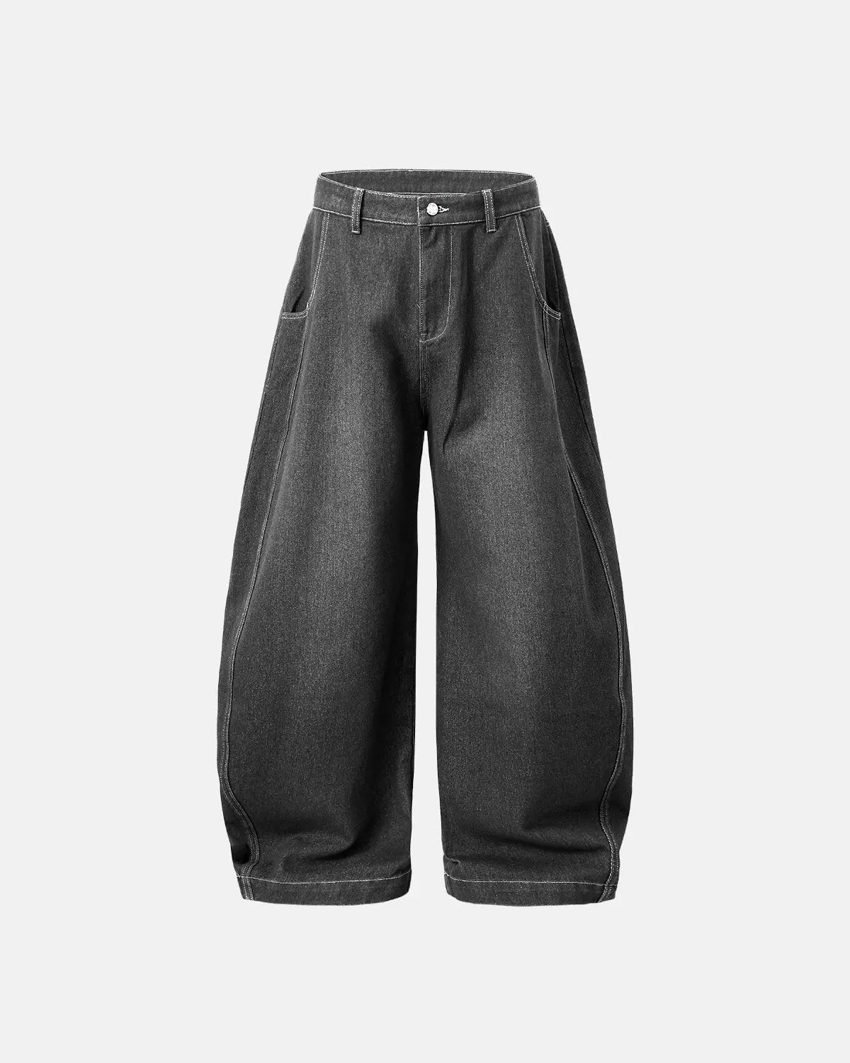 Inflation washed barrel baggy jeans with relaxed fit, featuring distressed details and casual style, displayed on a model.
