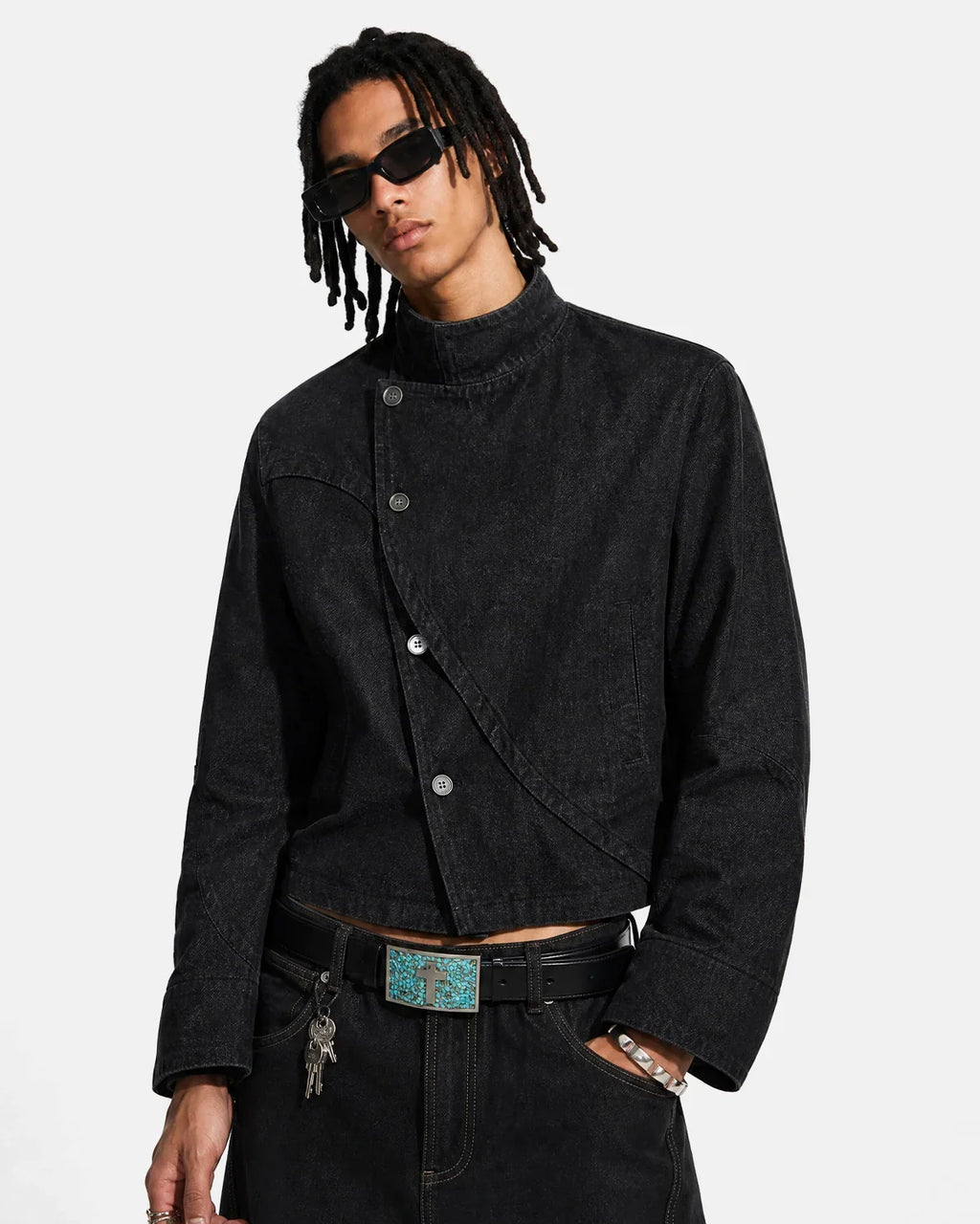 Inflation streetwear cropped asymmetric denim jacket with button details, featuring a stylish, modern design and distressed finish.
