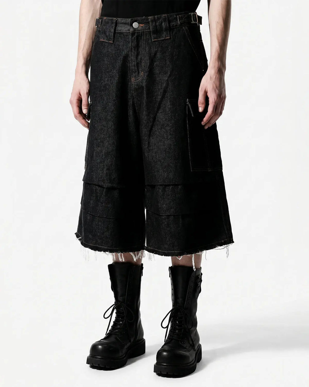 Inflation Streetwear layered utility baggy jorts, casual denim pants with multiple pockets and a relaxed fit.