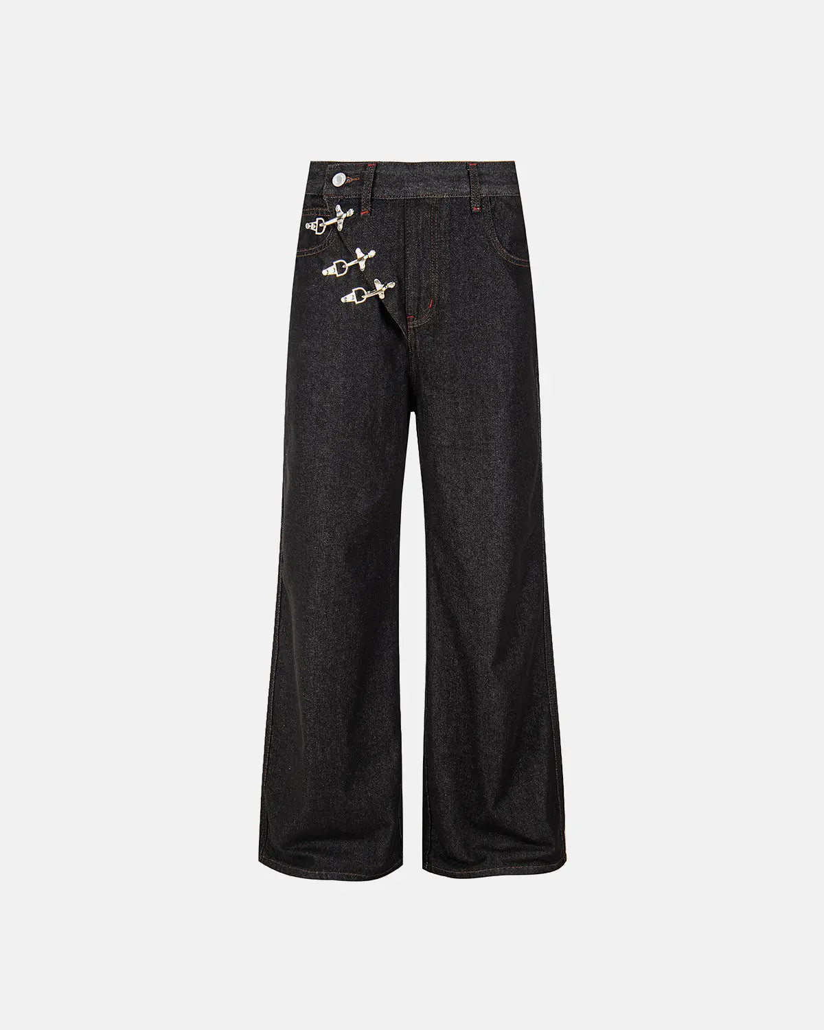 Asymmetric buckle raw baggy jeans by INFLATION featuring a loose fit, distressed denim, and unique asymmetric belt detail.