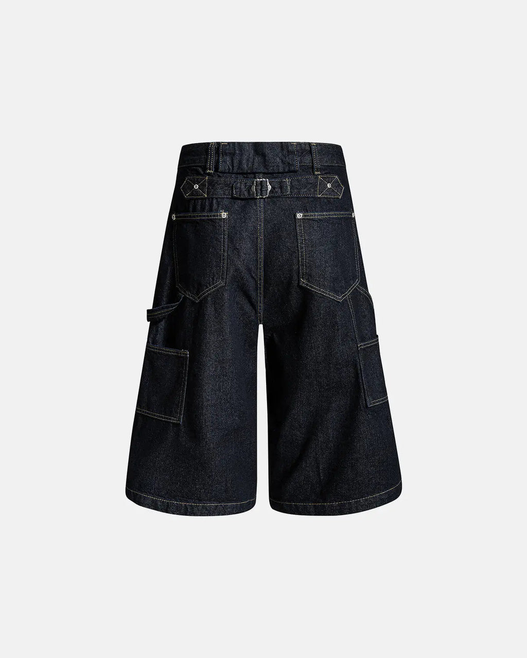 Deconstructed wide-leg longline jorts by INFLATION Streetwear, featuring distressed denim and relaxed fit.