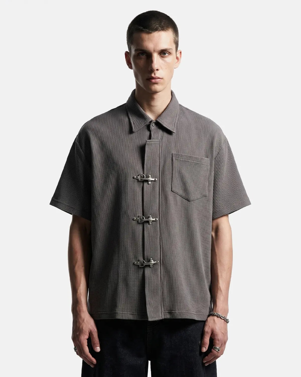 Inflation Streetwear metal clasp waffle shirt with button-up front, textured fabric, and casual fit in a stylish streetwear design.