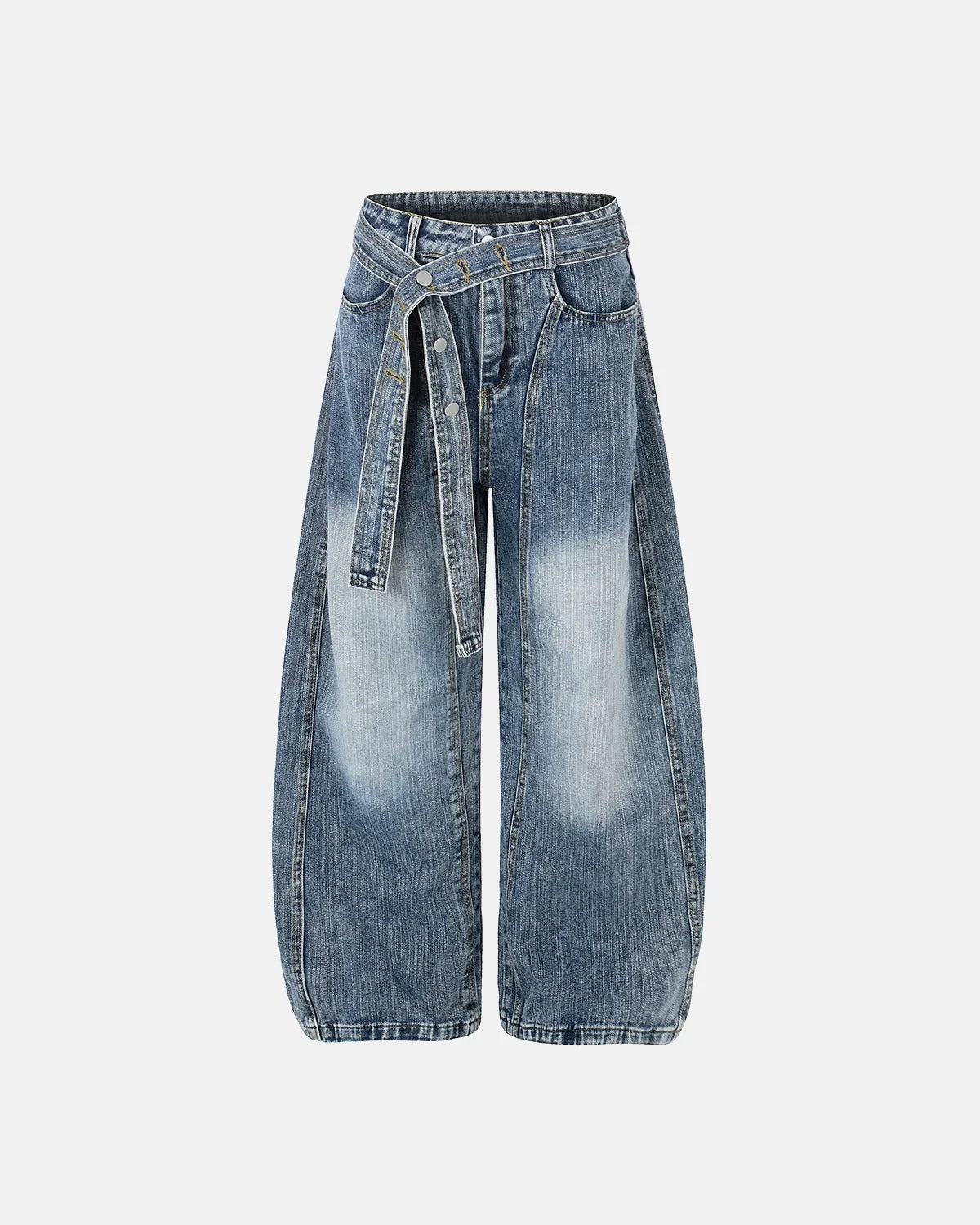 Inflation Streetwear belted bamboo weave barrel jeans with stylish fit and natural fabric texture, showcased in the image.