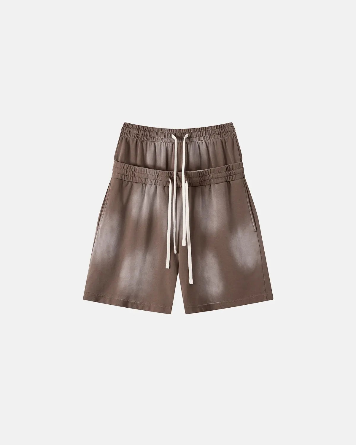 Inflation Streetwear double waist monkey wash sweat shorts featuring a relaxed fit, casual style, and distressed denim look.