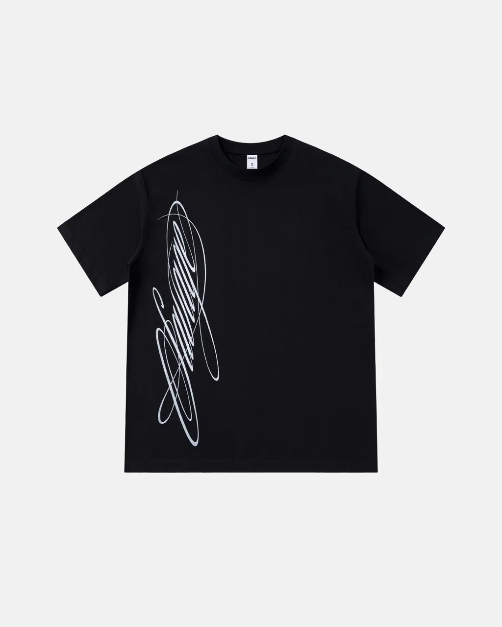 Inflation Streetwear Script Graphic Oversized T-Shirt in black with bold white text on the front, casual streetwear style.