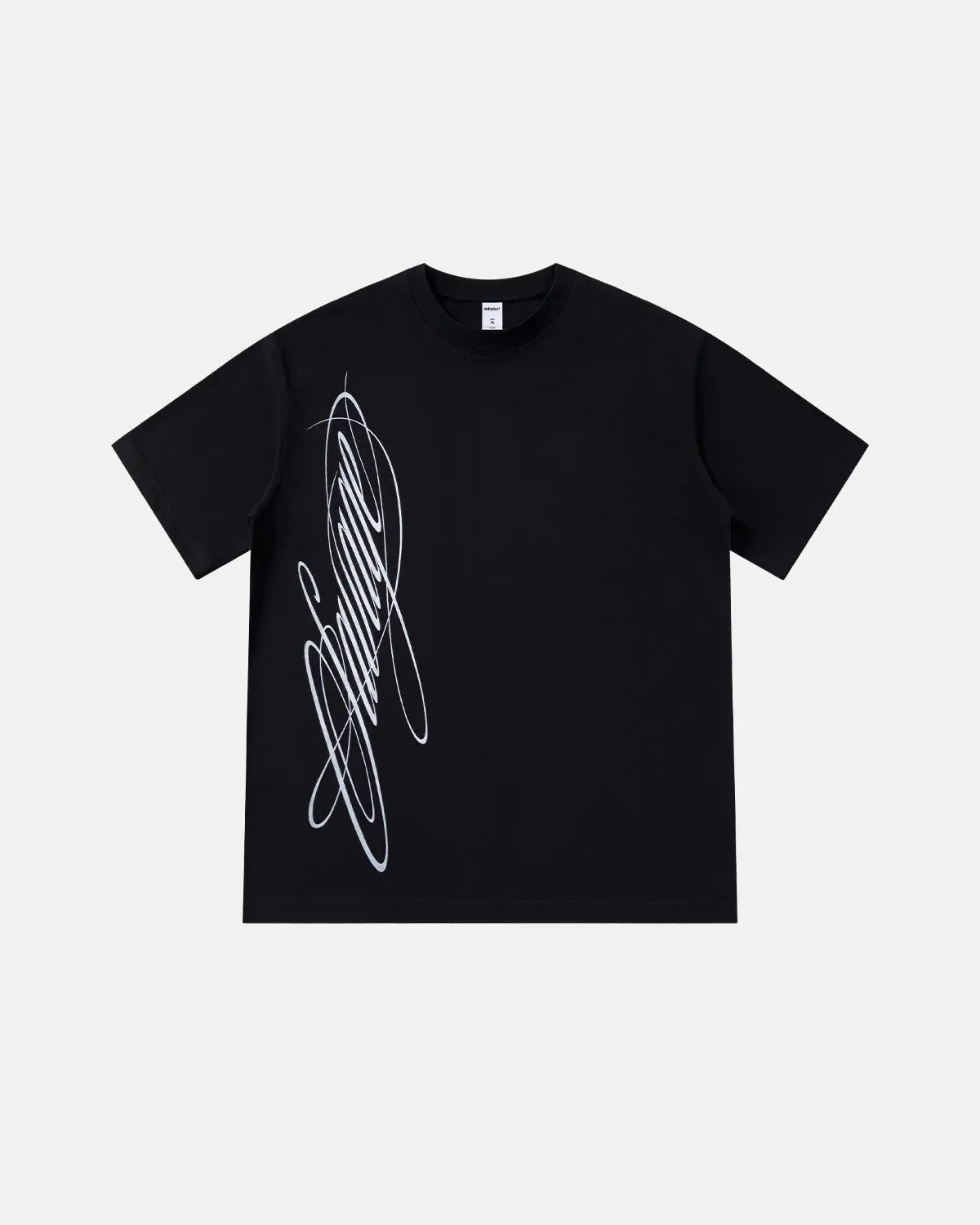 Inflation Streetwear Script Graphic Oversized T-Shirt in black with bold white text on the front, casual streetwear style.