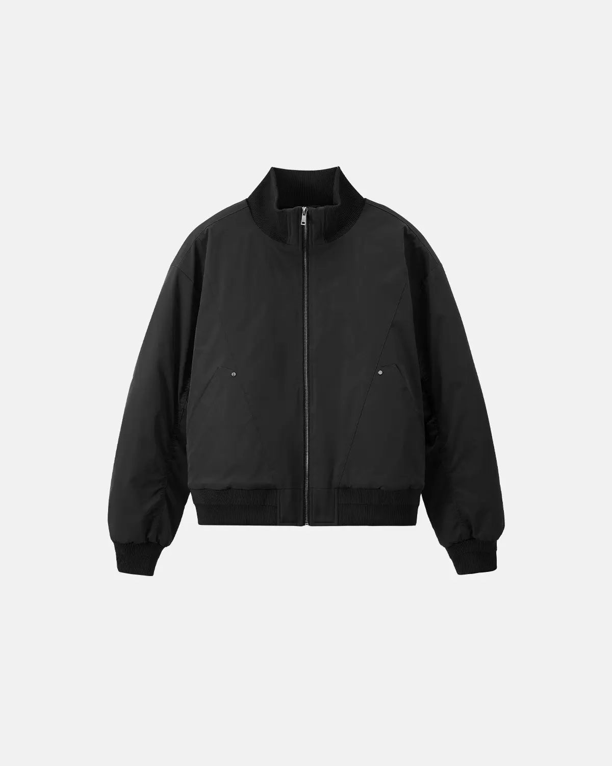 Inflation Cotton Padded Bomber Jacket, stylish streetwear with padded design, black color, and adjustable collar.