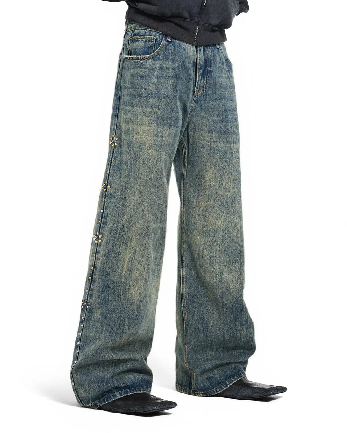 Acid wash beaded studded flared baggy jeans by INFLATION, featuring a relaxed fit with beaded and studded embellishments.