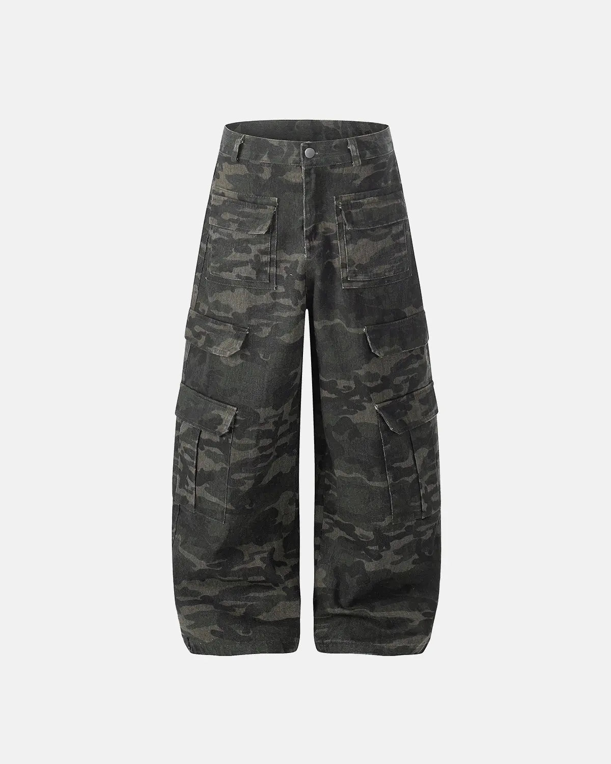 Inflation streetwear camo cargo pants with multiple pockets, featuring a rugged camouflage pattern and relaxed fit.