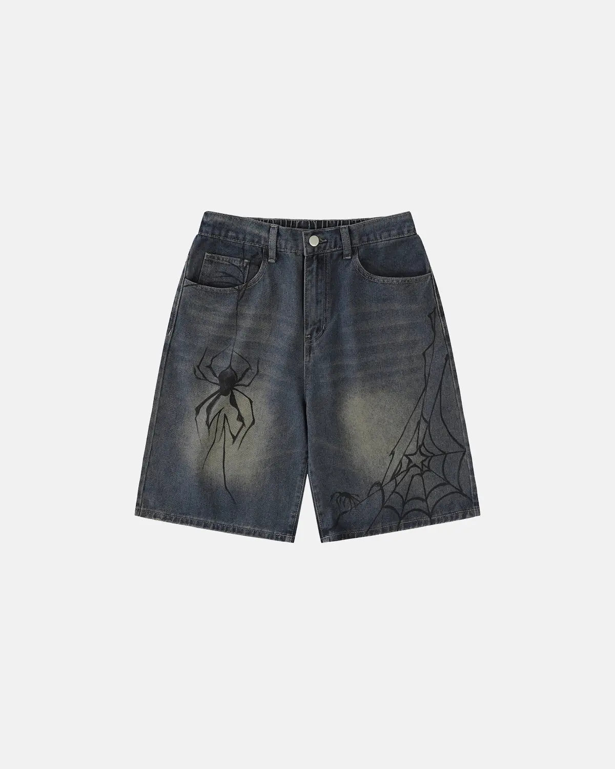 Inflation Spider Straight Leg Jorts, stylish denim pants with spider design, featuring a relaxed fit and casual streetwear style.